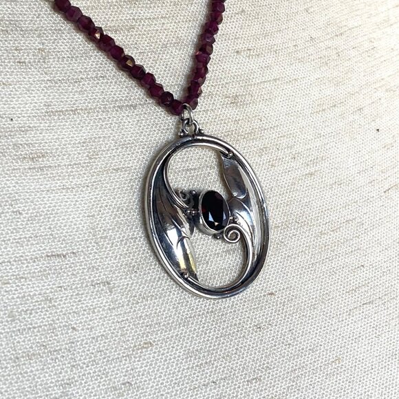 Sterling Silver 925 Beaded Oval Art Nouveau Style Garnet Pendant Necklace 18" - Picture 8 of 16